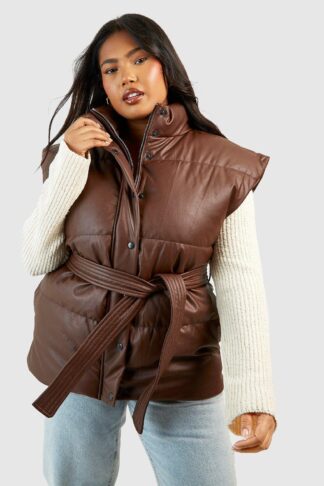 Womens Plus Faux Leather Belted Gilet - Brown - 16, Brown