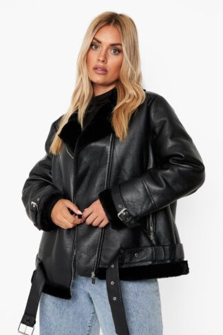 Womens Plus Faux Leather Lined Oversized Aviator Jacket - Black - 16, Black
