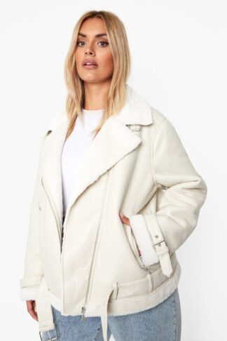 Womens Plus Faux Leather Lined Oversized Aviator Jacket - White - 24, White