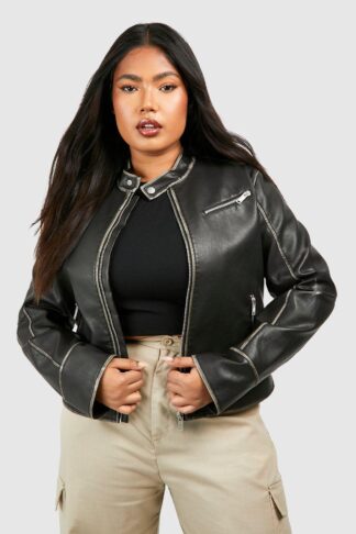Womens Plus Fitted Moto Vintage Look Faux Leather Jacket - Black - 16, Black