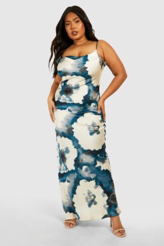 Womens Plus Floral Print Satin Maxi Dress - Blue - 16, Blue