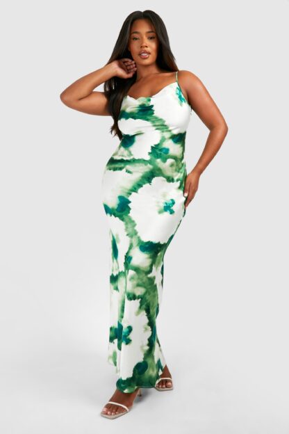 Womens Plus Floral Print Satin Maxi Dress - Green - 16, Green
