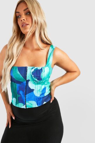 Womens Plus Floral Seam Detail Hook And Eye Corset Top - Blue - 16, Blue