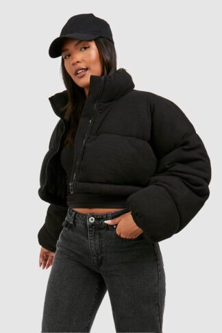 Womens Plus Knitted Crop Puffer Jacket - Black - 16, Black