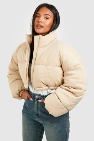 Womens Plus Knitted Crop Puffer Jacket - Cream - 16, Cream