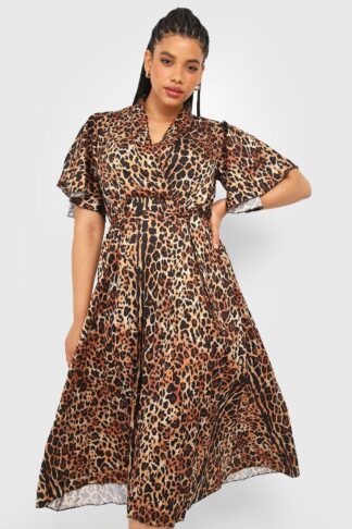 Womens Plus Leopard Satin Pleated Midi Dress - Brown - 28, Brown