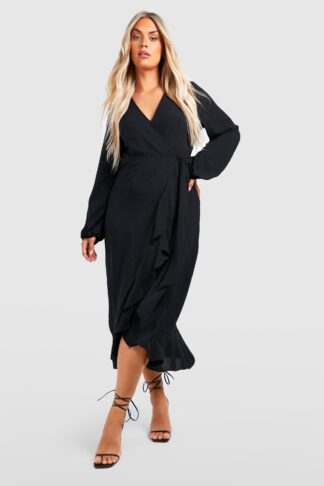 Womens Plus Linen Look Ruffle Wrap Dress - Black - 16, Black