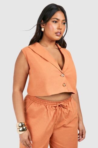 Womens Plus Linen Sleeveless Double Breasted Blazer - Orange - 16, Orange