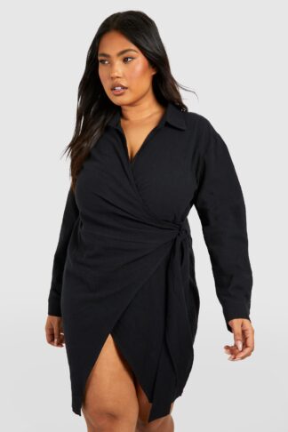 Womens Plus Linen Wrap Mini Shirt Dress - Black - 16, Black