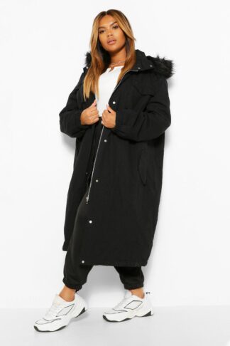 Womens Plus Longline Faux Fur Trim Parka Coat - Black - 16, Black