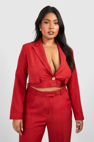 Womens Plus Marl Cropped Single Button Blazer - Red - 16, Red