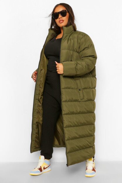 Womens Plus Maxi Longline Puffer Jacket - Green - 26, Green