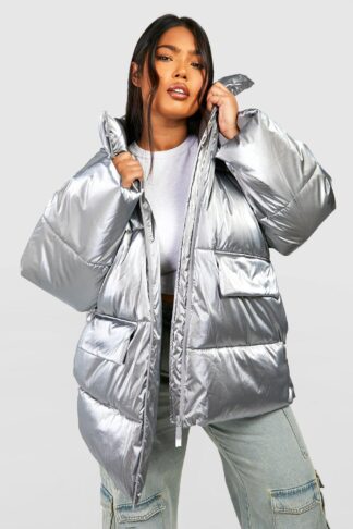 Womens Plus Metallic Oversized Hooded Puffer Jacket - Grey - 16, Grey