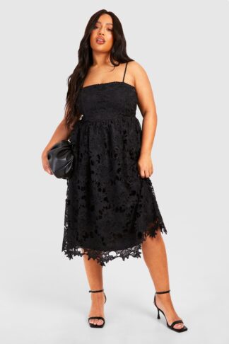 Womens Plus Premium Lace Strappy Midi Skater Dress - Black - 16, Black
