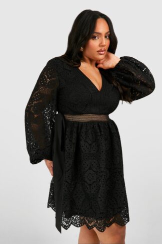 Womens Plus Premium Lace Volume Sleeve Skater Dress - Black - 16, Black