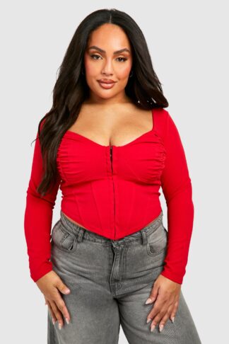 Womens Plus Ruched Detail Hook And Eye Corset Top - Red - 16, Red