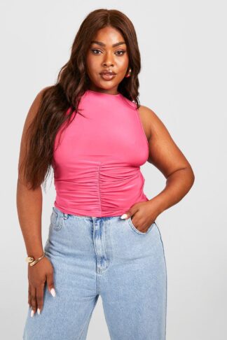 Womens Plus Ruched Front Racer Crop Top - Pink - 22, Pink