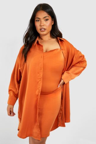 Womens Plus Satin 2 In 1 Shirt & Satin Slip Dress - Orange - 16, Orange