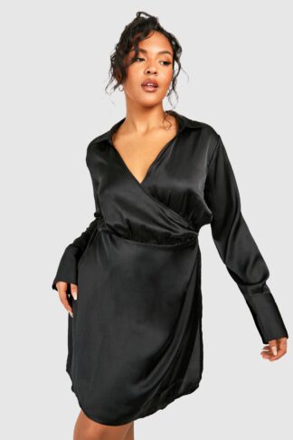 Womens Plus Satin Belted Wrap Dress - Black - 18, Black
