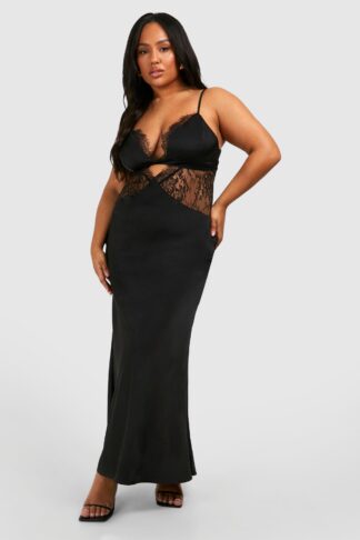 Womens Plus Satin Lace Detail Maxi Slip Dress - Black - 28, Black