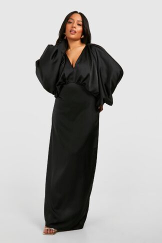 Womens Plus Satin Plunge Blouson Sleeve Maxi Dress - Black - 16, Black