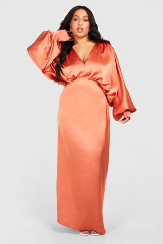 Womens Plus Satin Plunge Blouson Sleeve Maxi Dress - Orange - 16, Orange