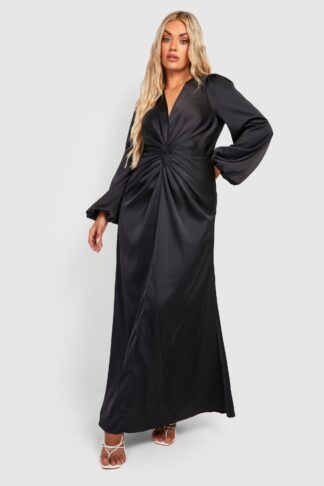Womens Plus Satin Twist Front Blouson Sleeve Maxi Dress - Black - 24, Black