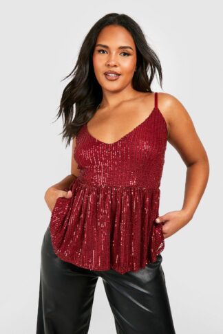 Womens Plus Sequin Peplum Cami Top - Red - 22, Red