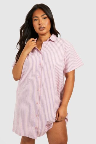 Womens Plus Stripe Short Sleeve Oversized Shirt Dress - Pink - 16, Pink