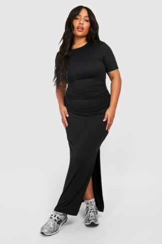 Womens Plus Super Soft Jersey Ruched Split T-Shirt Dress - Black - 16, Black