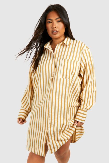 Womens Plus Textured Stripe Boxy Wide Sleeve Shirt Dress - Beige - 16, Beige