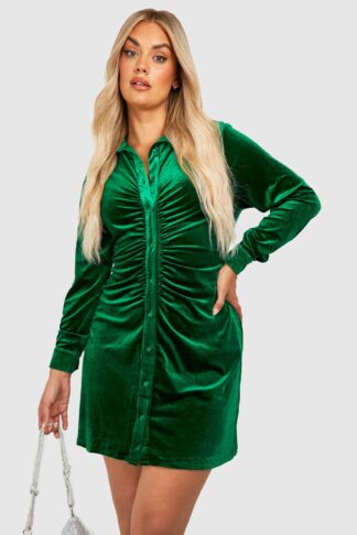 Womens Plus Velvet Ruched Detail Shirt Dress - Green - 16, Green