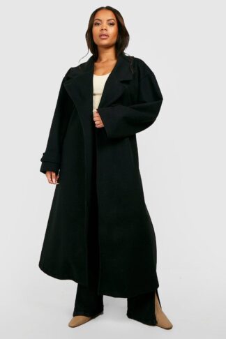 Womens Plus Wool Look Belted Trench Coat - Black - 24, Black