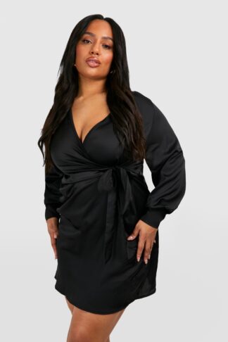 Womens Plus Wrap Satin Dress - Black - 16, Black