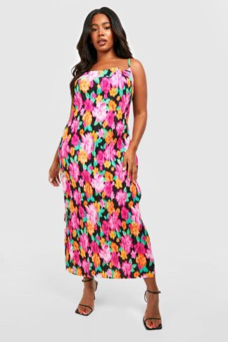 Womens Plus Abstract Printed Plisse Maxi Dress - Pink - 18, Pink