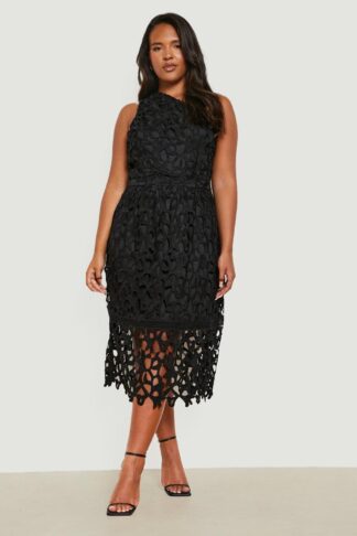 Womens Plus Crochet Lace One Shoulder Midi Dress - Black - 26, Black