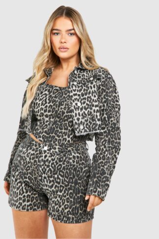 Womens Plus Cropped Oversized Leopard Denim Jacket - Multi - 16, Multi