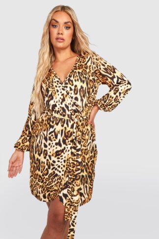 Womens Plus Leopard Slinky Wrap Dress - Brown - 16, Brown