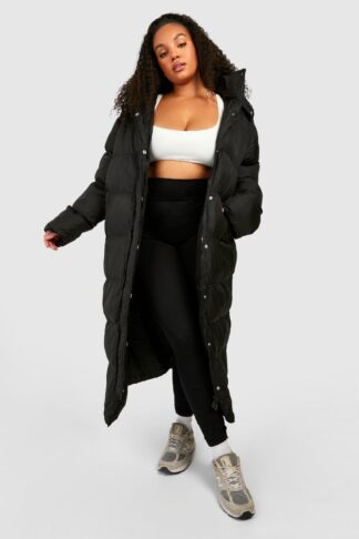 Womens Plus Longline Hooded Puffer Jacket - Black - 16, Black