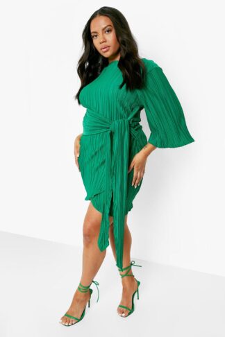 Womens Plus Plisse Kimono Sleeve Tie Wrap Dress - Green - 22, Green