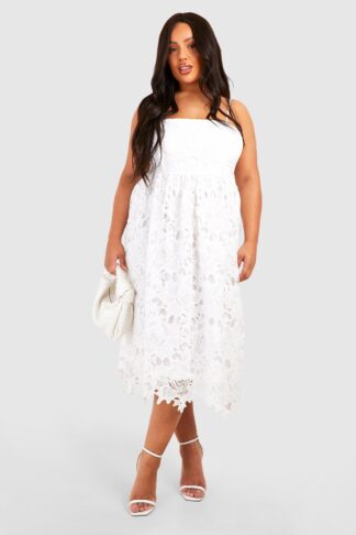 Womens Plus Premium Lace Strappy Midi Skater Dress - White - 16, White