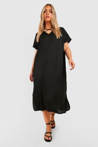 Womens Plus Rib Cross Detail T-Shirt Dress - Black - 16, Black