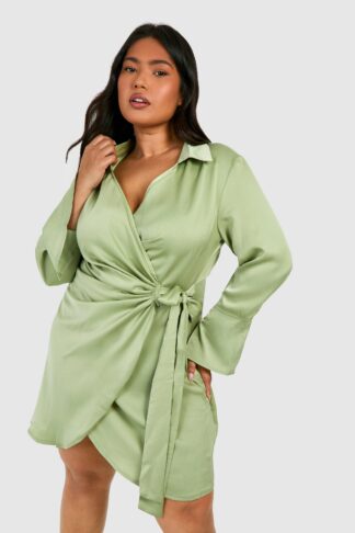 Womens Plus Satin Wrap Shirt Dress - Green - 16, Green