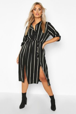 Womens Plus Stripe Midi Shirt Dress - Black - 20, Black