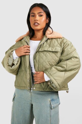 Womens Plus Teddy Collar Quilted Puffer Jacket - Green - 22, Green