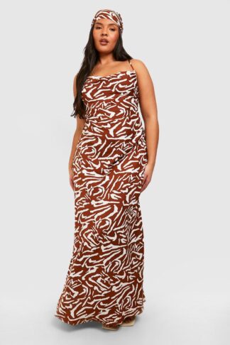 Womens Plus Zebra Maxi Dress & Headscarf - Brown - 16, Brown