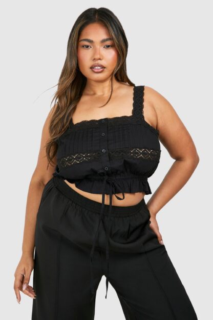 Womens Plus Cotton Lace Detail Strappy Crop Top - Black - 16, Black