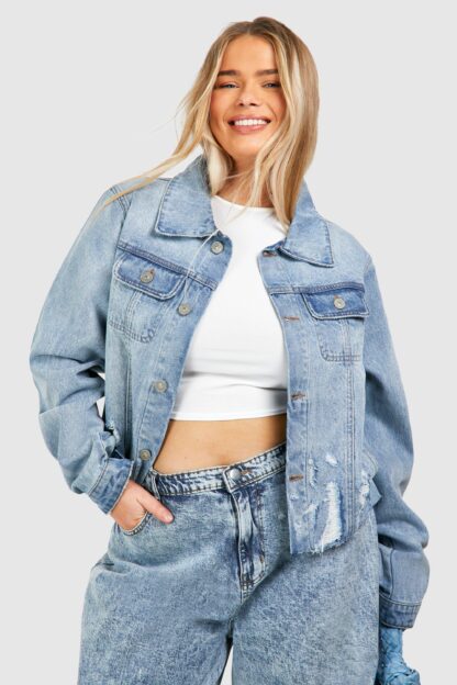 Womens Plus Distressed Denim Jacket - White - 16, White