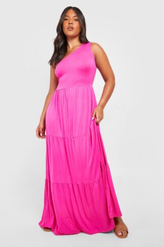 Womens Plus Jersey Asymmetric One Shoulder Maxi Dress - Pink - 26, Pink