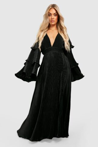Womens Plus Layered Ruffle Sleeve Maxi Dress - Black - 28, Black